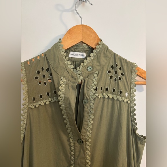 AVEC LES FILLES Eyelet Embroidery Sleeveless Maxi Dress Olive Green Size Small - Picture 6 of 12